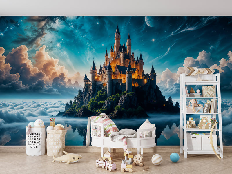 High-Quality Non-Woven Photo Wallpaper, "Heavenly Fairytale: Castle In The Clouds" Full Wall Print For Kids' Room