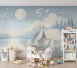 Peel and Stick Kids Wall Mural Pastel Camping Night Scene Gentle Blue-White Nursery Wallpaper Calm Bedtime Forest Print for Children’s Room