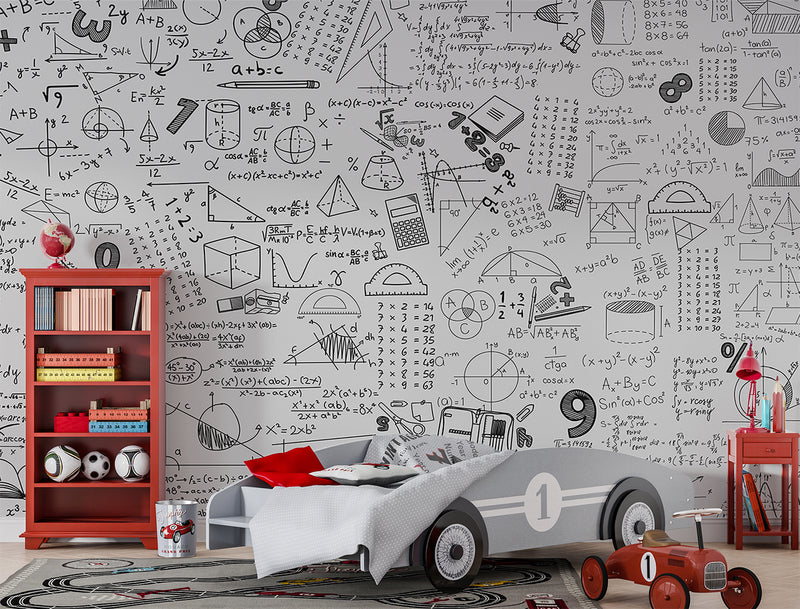 Graphic wallpaper Science theme Mathematical wallpaper Full wall peel and stick mural for kids’ room or living room Educational space print Gray background "Mathematical Formulas" 🧮