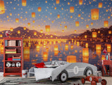 Peel and Stick Wall Mural Glowing Lanterns Over Water – Dreamy Nature Night Print for Kids Room