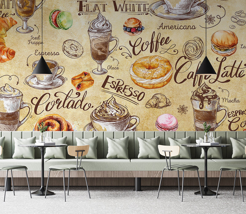 Non-woven wallpaper, vibrant wall decor for kitchen or café – "Coffee and Dessert in Vintage Style"