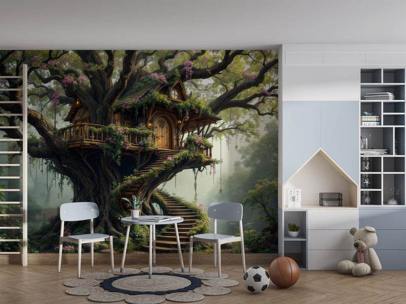 Children’s Dream Fantasy-Themed Mural Desing, Self-Adhesive Kids Wallpaper, Nursery Room Print, ‘Treehouse’ Wall Art