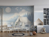 Peel and Stick Kids Wall Mural Pastel Camping Night Scene Gentle Blue-White Nursery Wallpaper Calm Bedtime Forest Print for Children’s Room