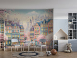 Whimsical Spring Town Wall Mural – Colorful Fantasy Houses Peel and Stick Wallpaper