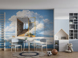 Dreamy Sky Library Wall Mural for Kids Room – Magical Floating Books Self-Adhesive Wallpaper