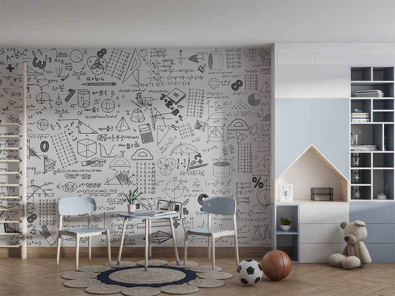 Graphic wallpaper Science theme Mathematical wallpaper Full wall peel and stick mural for kids’ room or living room Educational space print Gray background "Mathematical Formulas" 🧮
