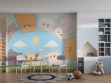 Pastel Cute Cats Peel and Stick Wallpaper – Kawaii Cat Circle Sky & Grass Wall Mural for Kids Room