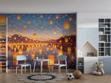 Peel and Stick Wall Mural Glowing Lanterns Over Water – Dreamy Nature Night Print for Kids Room