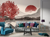 🌅"Watercolor Japanese Sumi-e Style With Minimalist Touch Self-Adhesive Wallpaper For Cozy Living Room, Bedroom, Home Gym "Japanese Sunset" 🌅