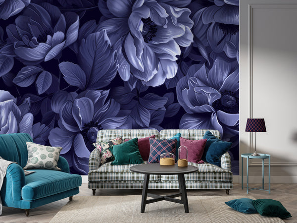 Floral Vintage Print Rich Colors Self-Adhesive Full-Wall Wallpaper For Living Room, Hall 'Dark-Blue Flowers' 🌼