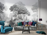 Vintage Style Art Print Graphic Non-Woven Wallpaper Black And White, Grey Shade For Office, Living Room, Bedroom 'Black And White Landscape: Forest Harmony' 🌲
