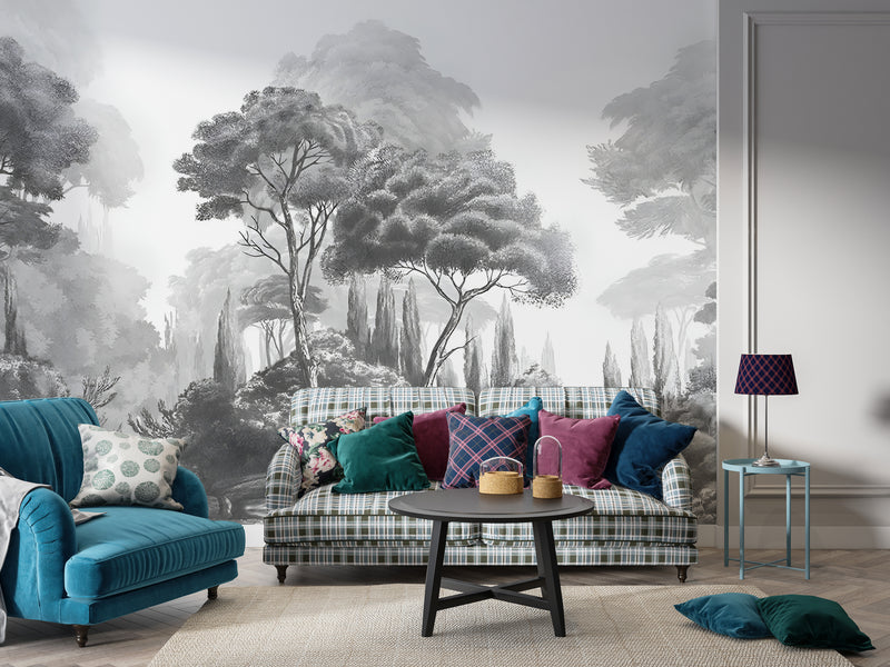 Vintage Style Art Print Graphic Non-Woven Wallpaper Black And White, Grey Shade For Office, Living Room, Bedroom 'Black And White Landscape: Forest Harmony' 🌲