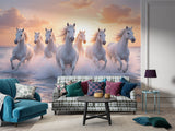 White Horses Running on the Ocean at Sunset – Non-Woven Wall Mural, Majestic Coastal Horse Wallpaper