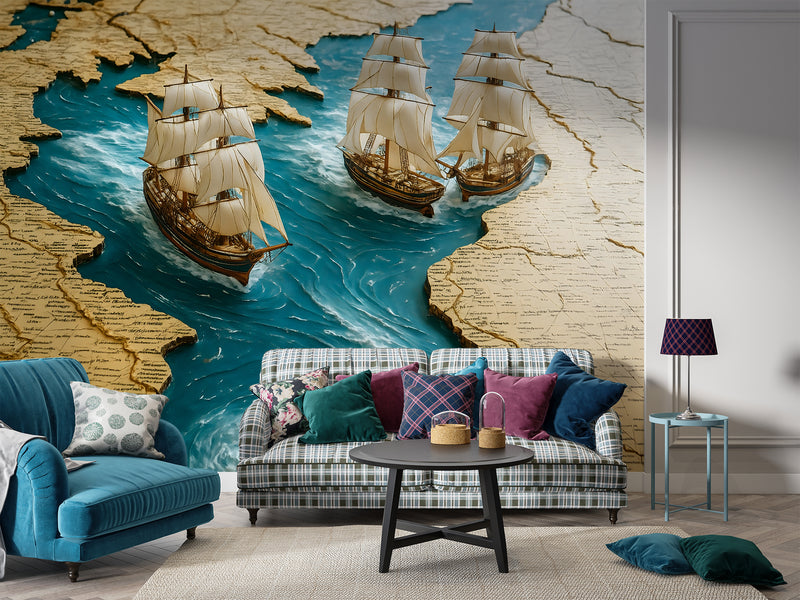 Wall Print 3D Self-Adhesive Wallpaper Perfect for Living Room, Office, Bedroom Design "Sea Journey Through the Map" 🌊🗺️