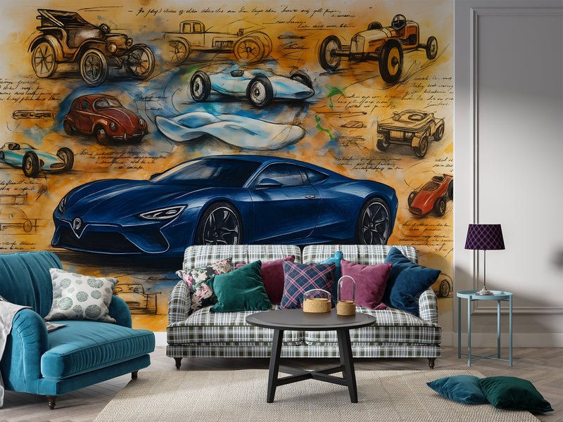 Vintage-style car wallpaper Peel and Stick wall mural for living room, kids' room, art wall in the hall, and office wall print 🚙