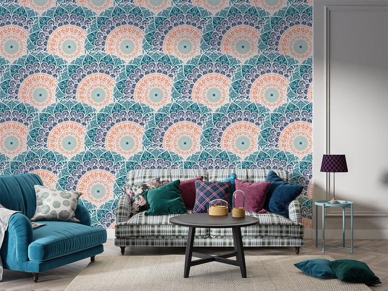 Indian print Pastel colors Full wall Peel and Stick Mural for living room Art wall for bedroom Relaxation area design "Mandala" accent wall