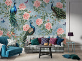 Peel and Stick Wall Mural Peacocks in Flowers for Bedroom