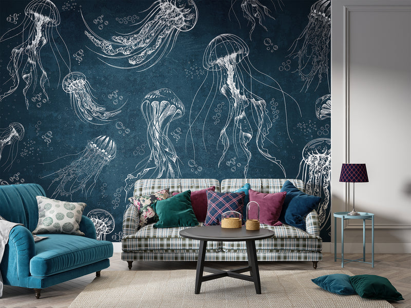 Art Wall Mural 🎨 Full Wall Peel and Stick Wallpaper "Painted Jellyfish" Wall Murals For Office Living Room