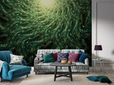 Green Spiral Energy Peel and Stick Wallpaper – Abstract Flowing Light Pattern Wall Mural for Bedroom, Playroom, and Creative Spaces