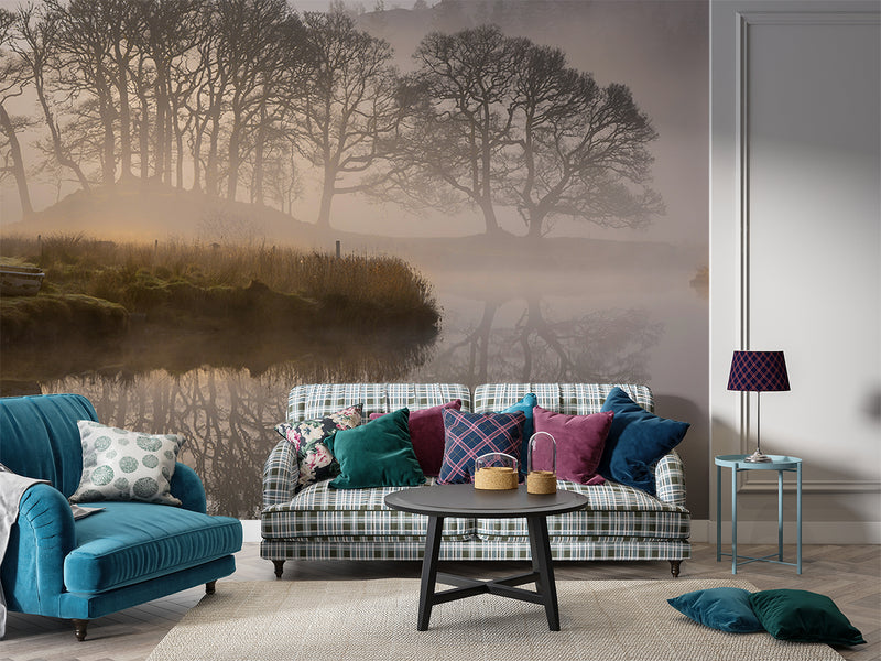 Nature Lake Wallpaper Boat Near Foggy Lake Vinyl Wallpaper Peel and Stick For Living Room, Bedroom, Relaxation Area