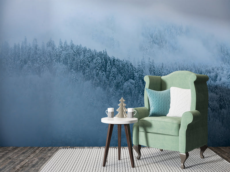Art Design Vinyl Wallpaper Peel and Stick  Wall Mural Foggy Pine Forest for Living Room, Bedroom, Calming Print for Office or Personal Study🌲🌫️