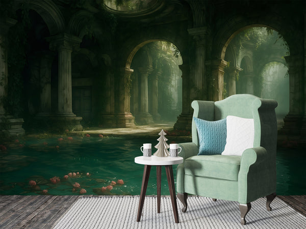 Wall Print Self-Adhesive Wall Murals With Architecture Image For Living Room Kitchen "Lost Temple Of Water" 🏛