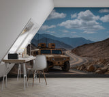 Peel and Stick Mural Military Off-Road Vehicle in Mountains Desing – Desert Tactical Truck on Winding Road Print, Realistic Wall Mural for Office and Living Room