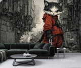 Cyberpunk Cat Wall Mural – Gaming Room Peel and Stick Wallpaper | Cool Teen Bedroom Decor Gift