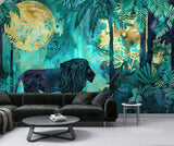 Traditional Jungle Wallpaper with Lion – Emerald Green Botanical Wall Mural with Gold Accents for Living Room & Bedroom
