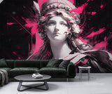 Modern neon pink and black Greek statue wall mural featuring a cyberpunk-style sculpture portrait in a contemporary living room interior.
