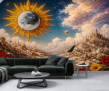 Peel and Stick Wall Mural “Celestial Sun and Moon Fantasy Landscape” – Surreal Art Wallpaper