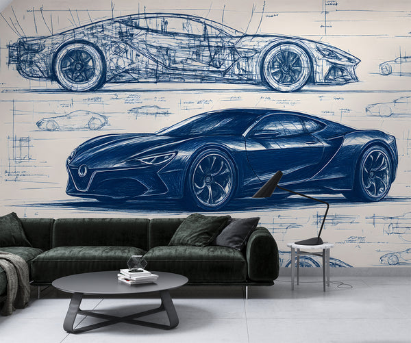 Minimalist wall design Full-wall self-adhesive wallpaper for garage, office print, art wall for a teenager's room "Car Blueprint in Blue" 🚗
