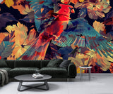 Vibrant Red Parrot Floral Peel and Stick Wallpaper – Tropical Botanical Style in Teal, Orange & Gold