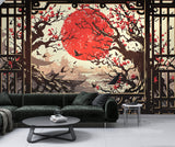 Vintage Japanese Style Wallpaper For Living Room "View From The Window To The Red Sun" Art Wall Self-Adhesive Artistic Wall Mural For Bedroom, Workspace, Office 🌅