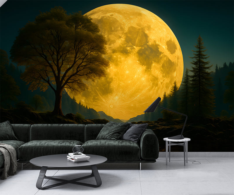 Natural Print Peel and Stick Mural For Living Room, Bedroom Office Poster "Mysterious Glow Of The Full Moon Over The Lake"