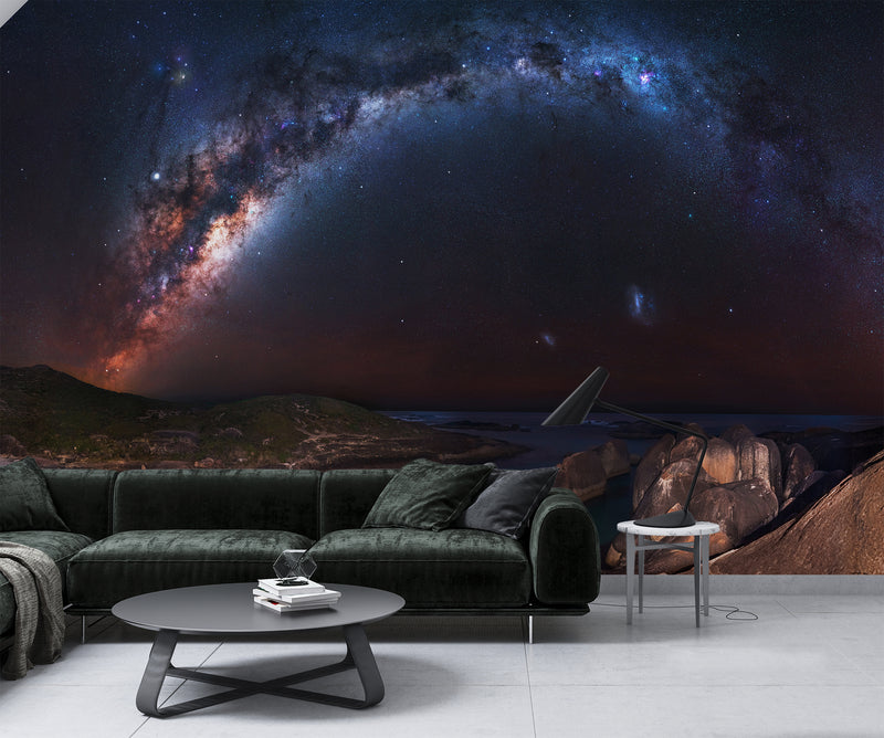 Nature and Space Wall Mural – Unique Design for Living Room, Office, Bedroom | Self-Adhesive Accent Wall Mural – Art Wall for Bedroom "Milky Way over the Ocean"🌌✨