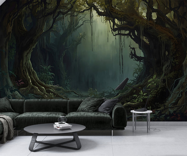 Traditional wallpaper Misty forest thickets, mystical atmosphere for bedroom, living room, or office Accent wall, Art Wall