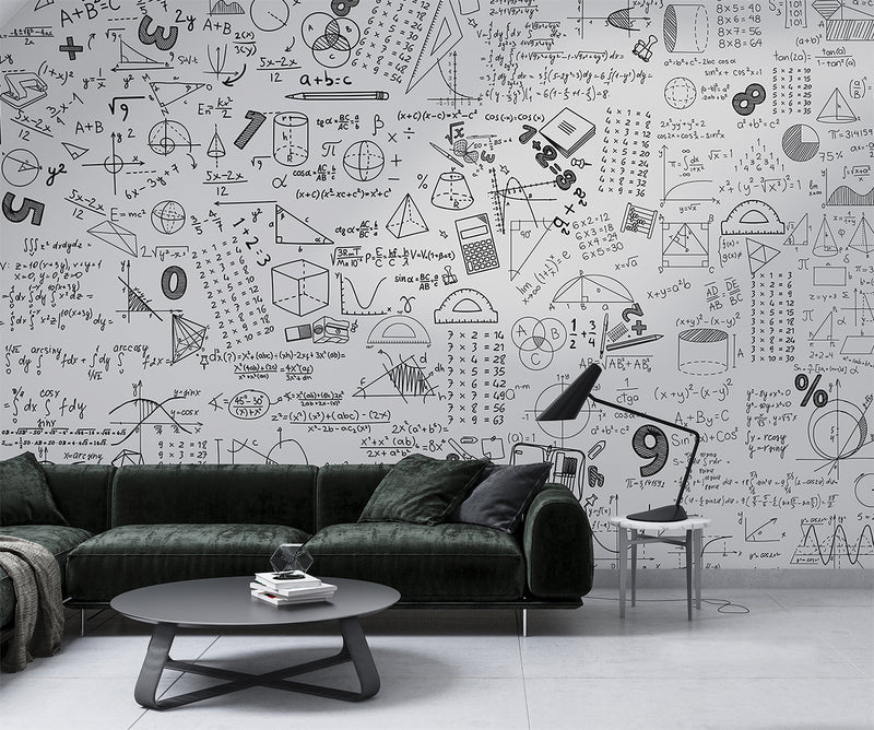 Graphic wallpaper Science theme Mathematical wallpaper Full wall peel and stick mural for kids’ room or living room Educational space print Gray background "Mathematical Formulas" 🧮
