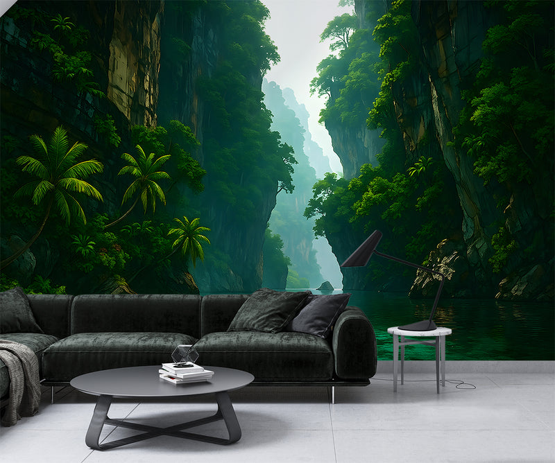 Art Wallpaper For The Whole Wall, Peel and Stick Wall Mural For Office, Print For Living Room, Poster For Bedroom "Mysterious Tropical Passage" 🌿