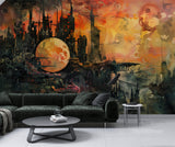 Futuristic Dystopian Cityscape Wall Mural – Surreal Sunset Abstract Peel and Stick Wallpaper, Living Room Art Print, Modern Office Design Decor