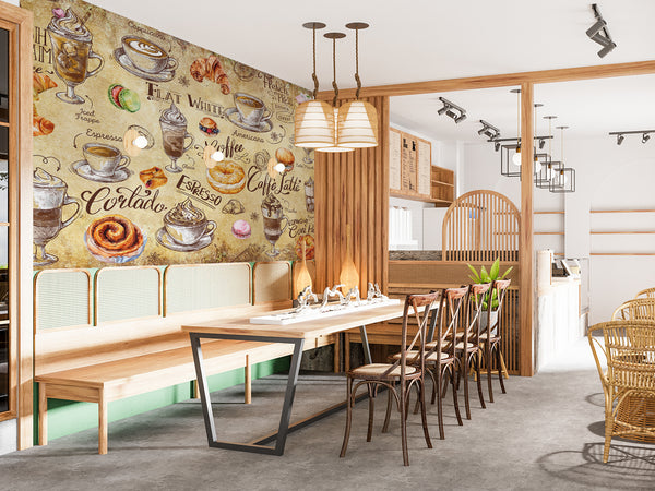 Non-woven wallpaper, vibrant wall decor for kitchen or café – "Coffee and Dessert in Vintage Style"