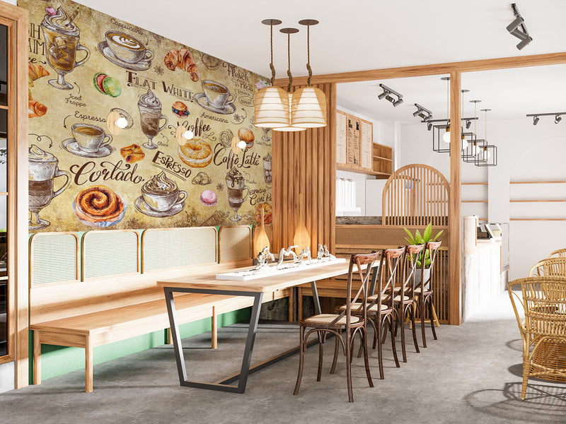 Non-woven wallpaper, vibrant wall decor for kitchen or café – "Coffee and Dessert in Vintage Style"