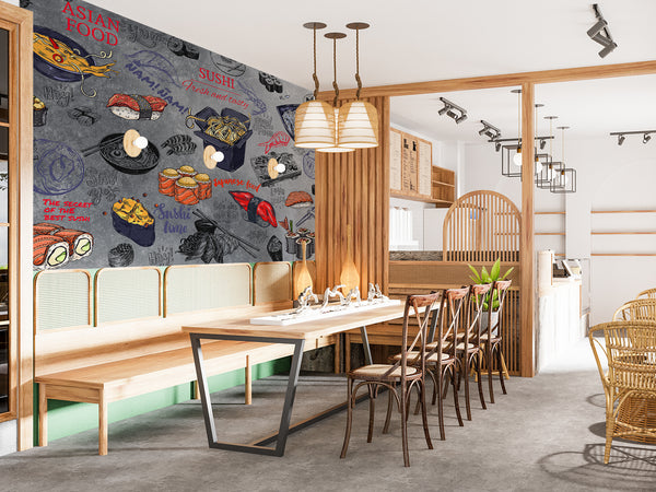 High-Quality Self-Adhesive Photo Wallpaper With Custom Design For Kitchen, Restaurant, Or Office – "Japanese Cuisine On A Dark Background"
