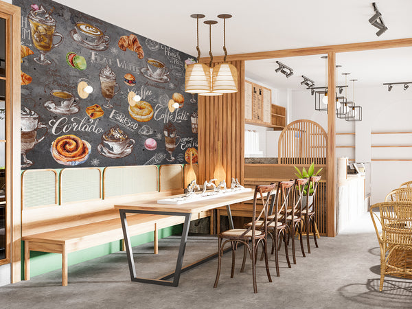 High-Quality Peel and Stick Full-Wall Mural Wallpaper, Vibrant Wallpaper for Kitchen Design, Interior Idea for Café or Restaurant — "Coffee and Dessert on a Dark Background"