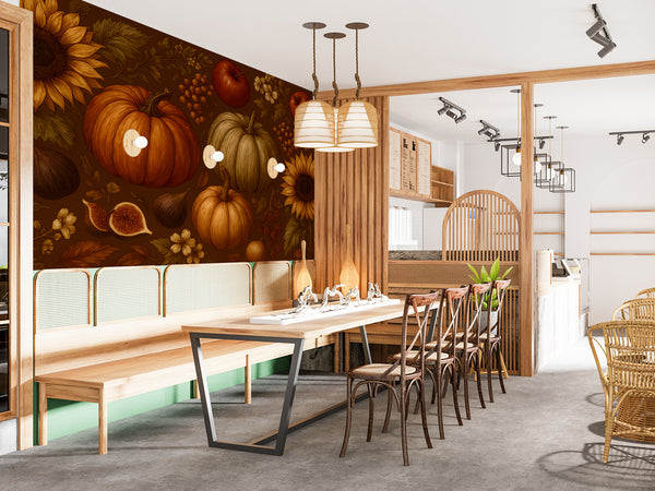 Autumn print Traditional vintage-style wall mural art for kitchen, dining hall, venue interior design, themed wallpaper, warm and pleasant colors for the living room wall 🍂