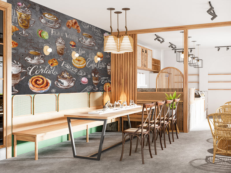 High-Quality Peel and Stick Full-Wall Mural Wallpaper, Vibrant Wallpaper for Kitchen Design, Interior Idea for Café or Restaurant — "Coffee and Dessert on a Dark Background"