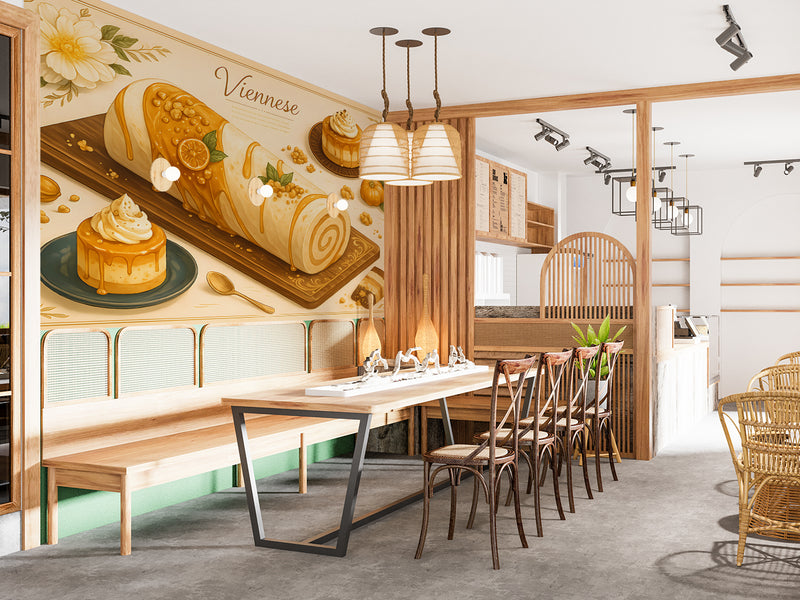 Wall mural for kitchen "Pumpkin Desserts" – full wall self-adhesive wallpaper, art design for cafes in French cuisine style 🍰