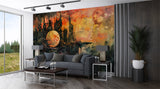 Futuristic Dystopian Cityscape Wall Mural – Surreal Sunset Abstract Peel and Stick Wallpaper, Living Room Art Print, Modern Office Design Decor