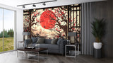Vintage Japanese Style Wallpaper For Living Room "View From The Window To The Red Sun" Art Wall Self-Adhesive Artistic Wall Mural For Bedroom, Workspace, Office 🌅