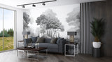 Vintage Style Art Print Graphic Non-Woven Wallpaper Black And White, Grey Shade For Office, Living Room, Bedroom 'Black And White Landscape: Forest Harmony' 🌲